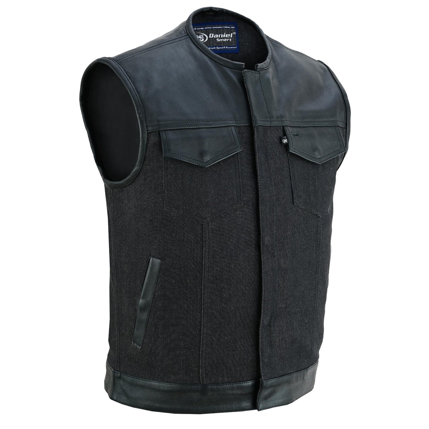 Men's Leather-Denim Combo Motorcycle Vest - No Collar