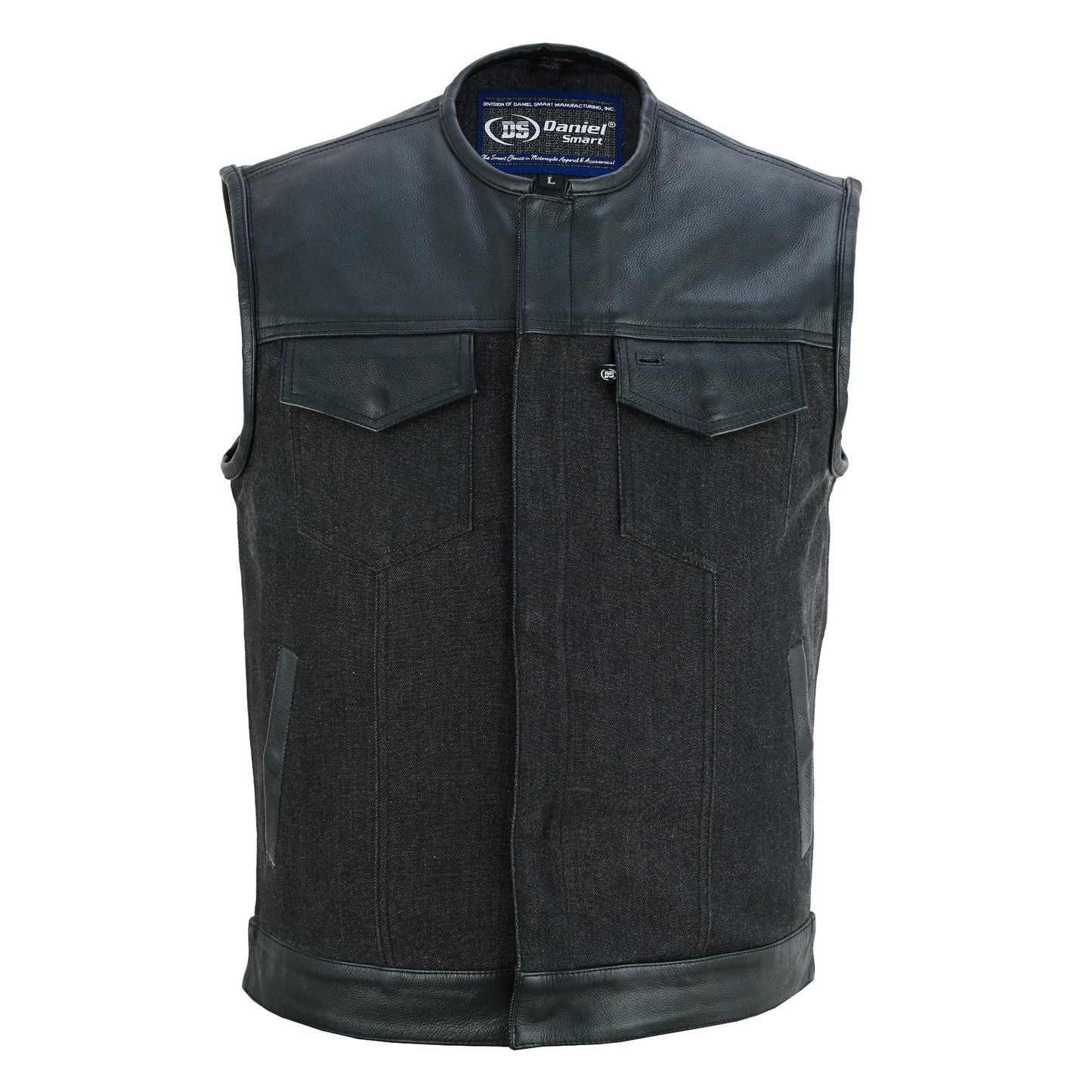 Men's Leather-Denim Combo Motorcycle Vest - No Collar