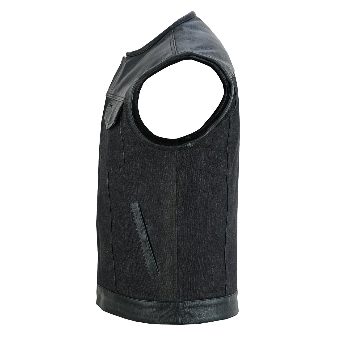 Men's Leather-Denim Combo Motorcycle Vest - No Collar