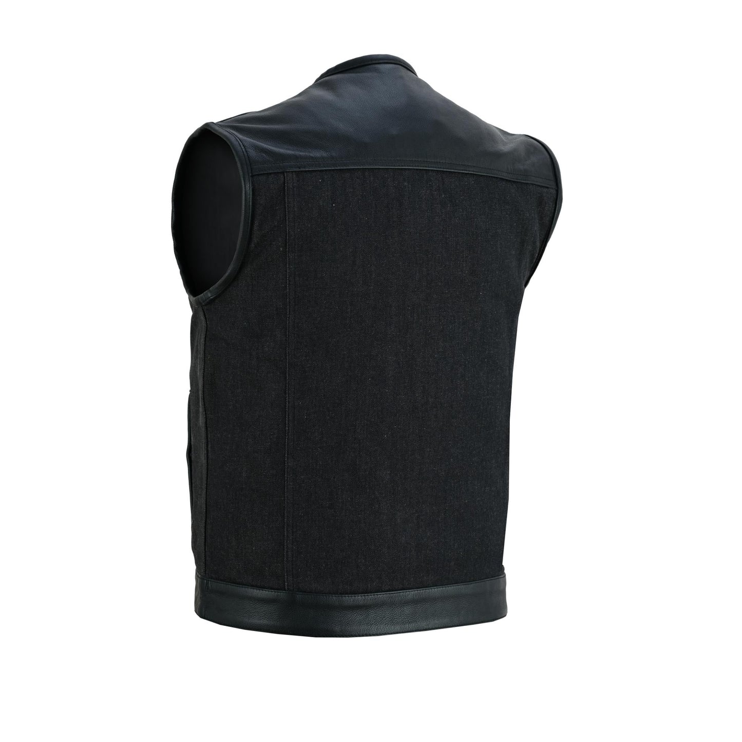 Men's Leather-Denim Combo Motorcycle Vest - No Collar