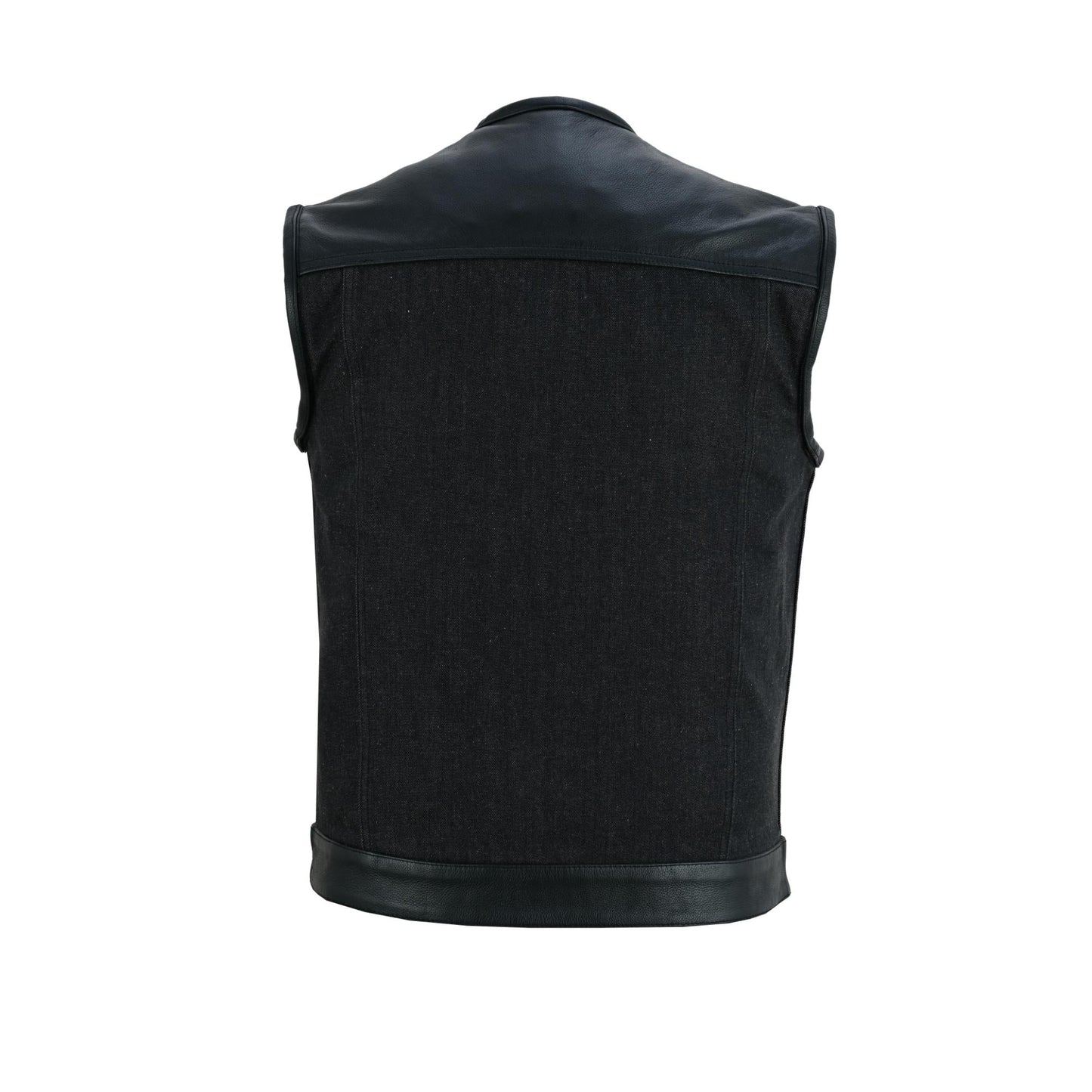 Men's Leather-Denim Combo Motorcycle Vest - No Collar