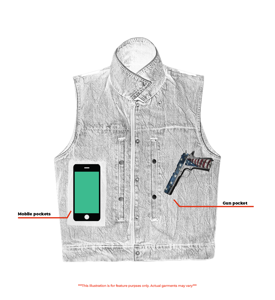 Blue Men's denim motorcycle vest with Snap/Zipper Front