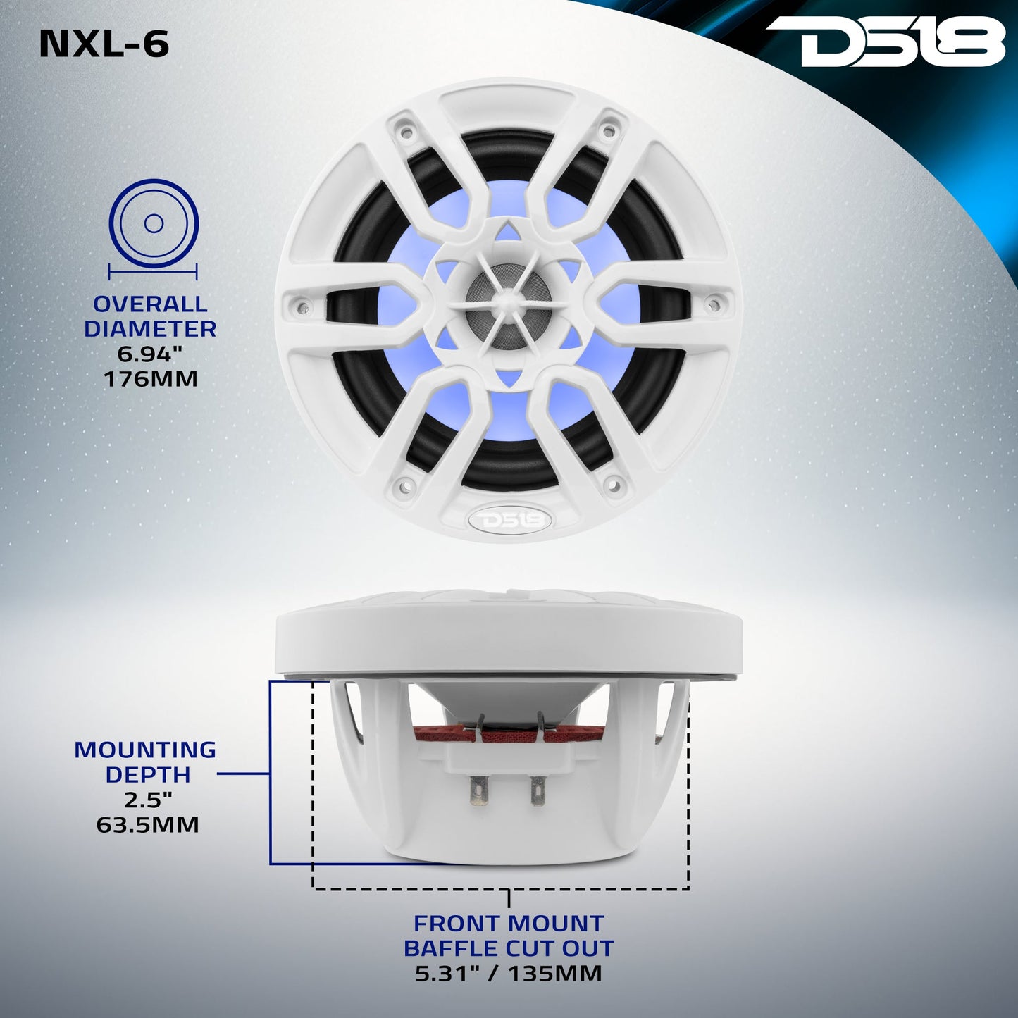 NXL 6.5" 2-Way Coaxial Marine Speaker With LED RGB Lights 100 Watts Rms 4-Ohm -White
