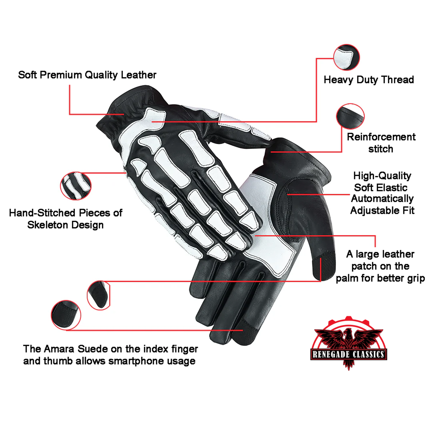 SkullTrail Men's leather gloves Black & White