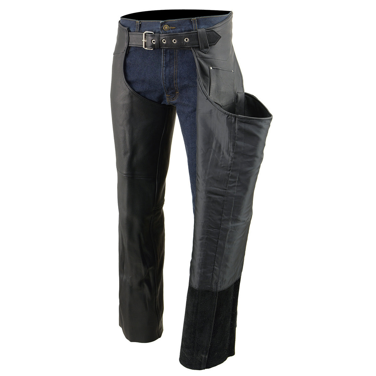 Milwaukee Leather Chaps for Men's Black Premium Leather Fully Lined Motorcycle Chaps w/ Front Coin Pocket-ML1115