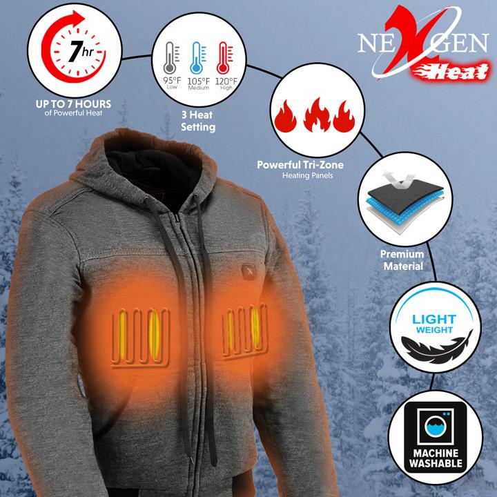 Nexgen Heat NXL2713SET Women 'Heated' Front Zipper Black Hoodie Jacket for Outdoor Activities w/ Battery Pack