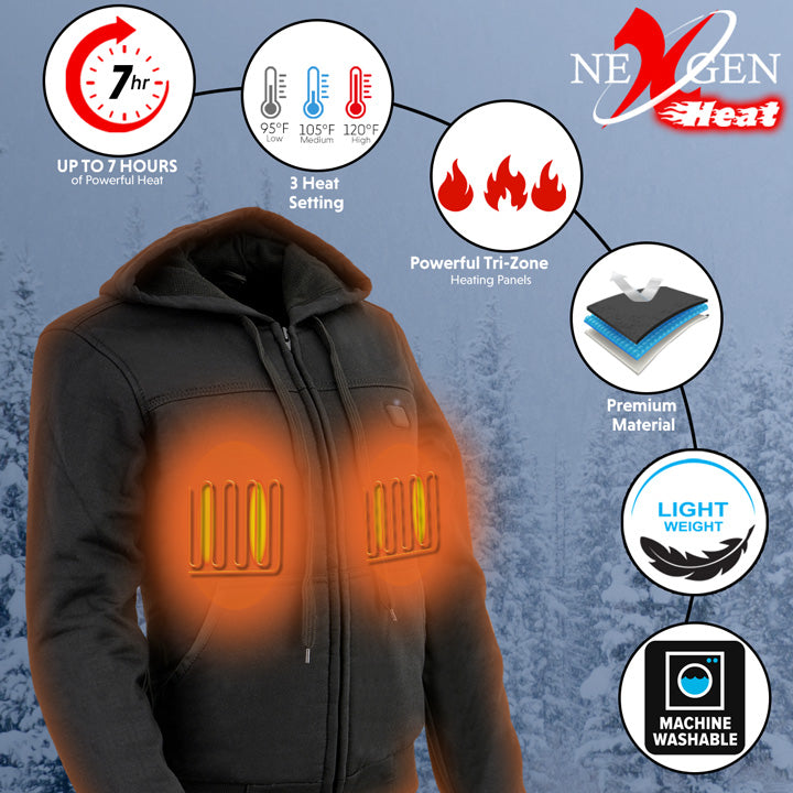 Nexgen Heat NXL2713SET Women 'Heated' Front Zipper Black Hoodie Jacket for Outdoor Activities w/ Battery Pack