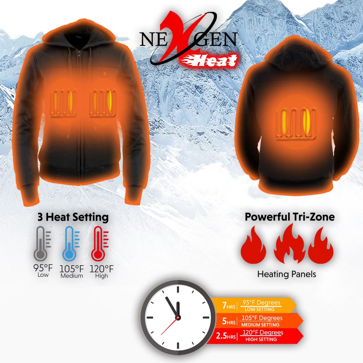 Nexgen Heat NXL2713SET Women 'Heated' Front Zipper Black Hoodie Jacket for Outdoor Activities w/ Battery Pack