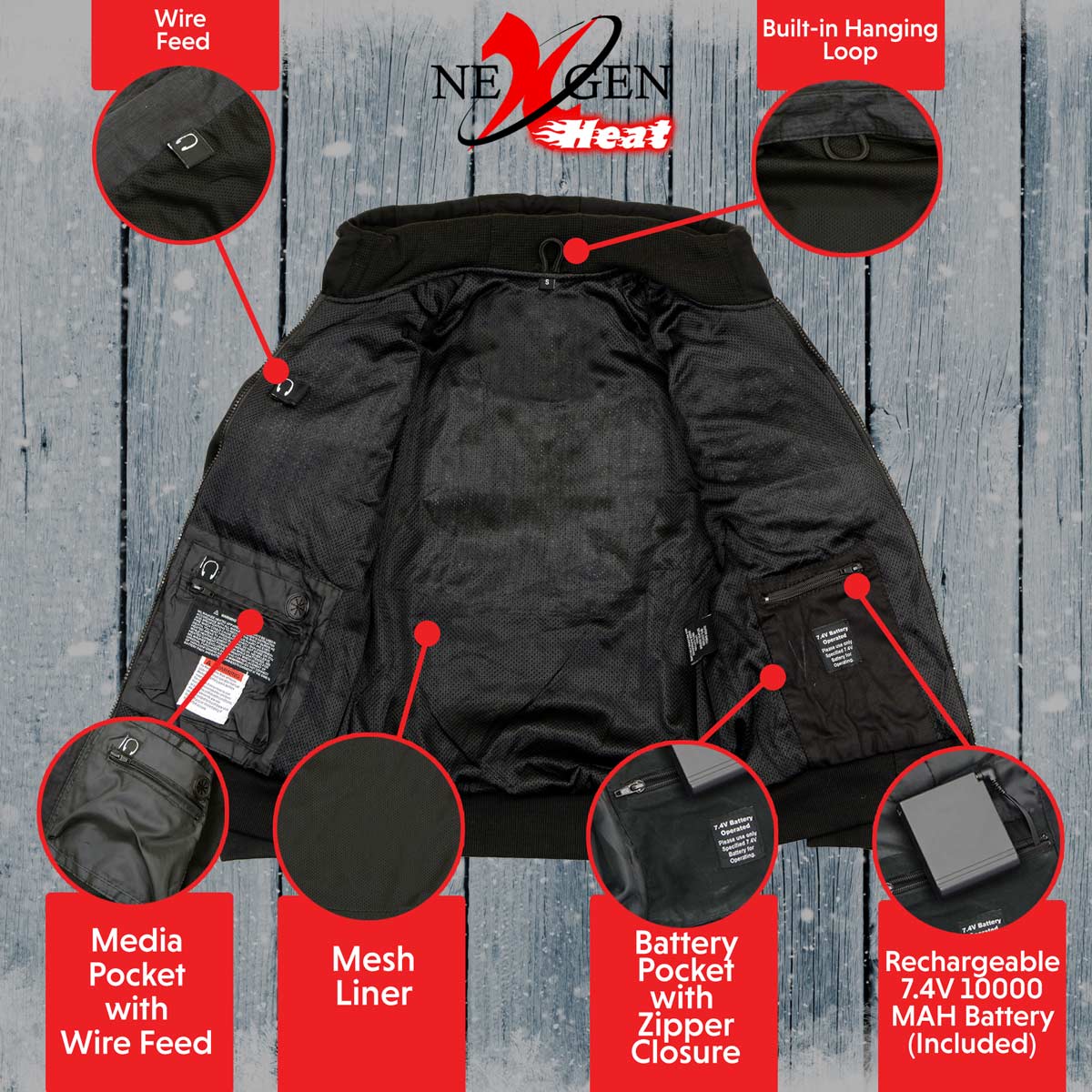 Nexgen Heat NXL2713SET Women 'Heated' Front Zipper Black Hoodie Jacket for Outdoor Activities w/ Battery Pack