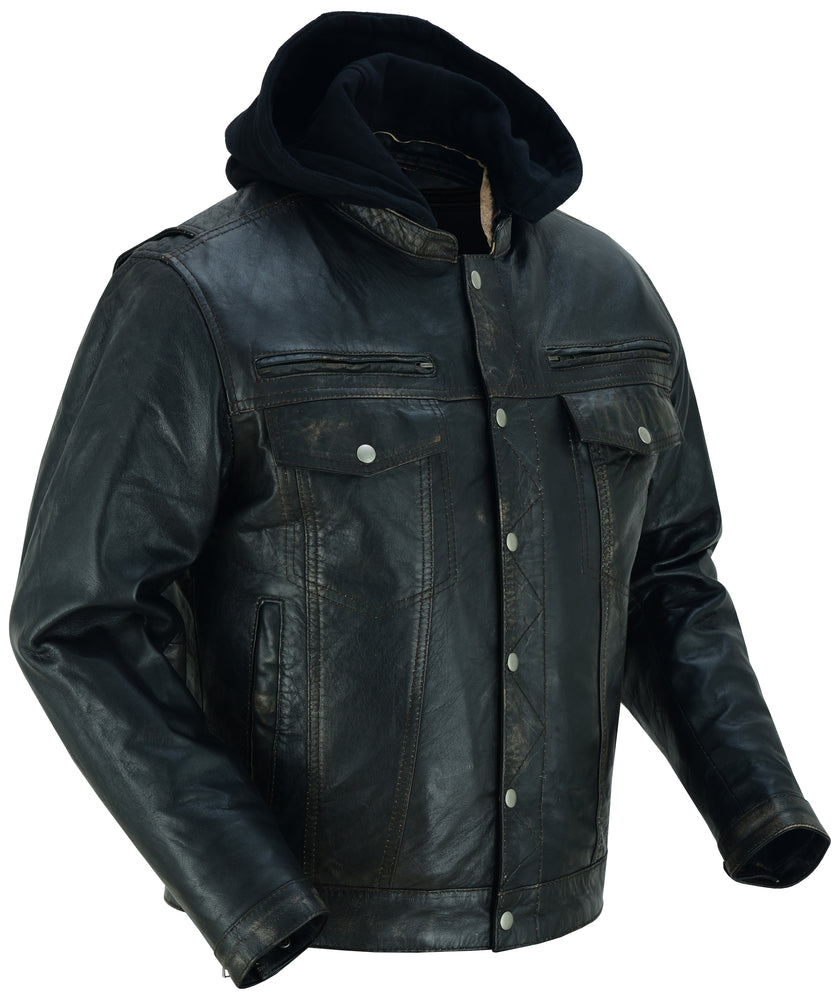 Men's Black Lightweight Drum Dyed Distressed Lambskin Jacket with Removable Hoodie