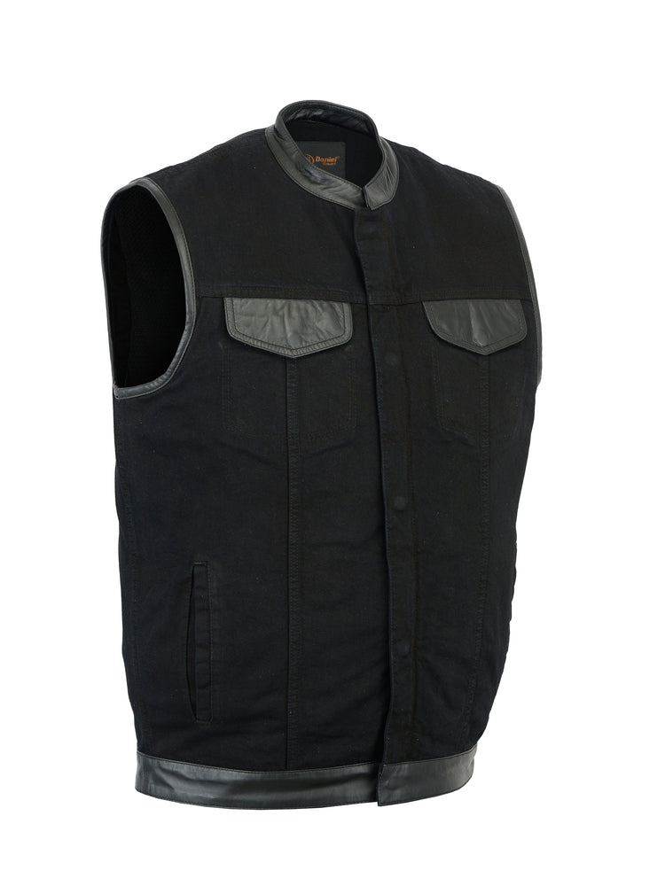 Men's Black Denim Single Panel Concealment Vest W/ Leather Trim