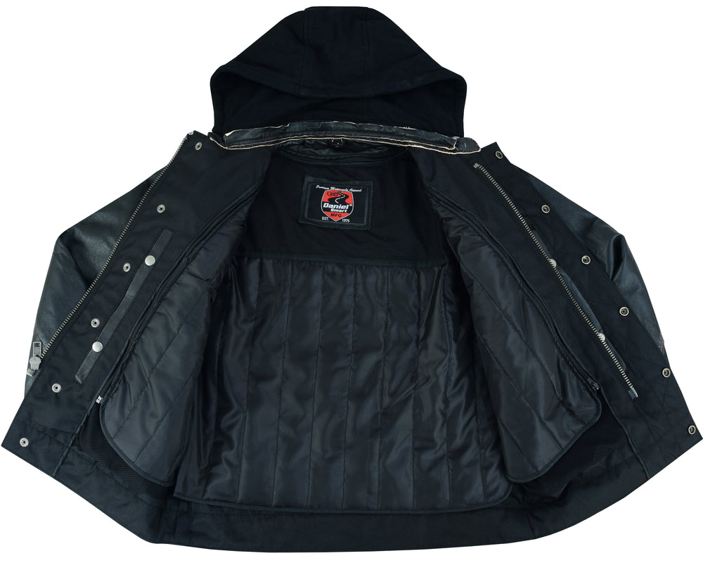 Men's Black Lightweight Drum Dyed Distressed Lambskin Jacket with Removable Hoodie