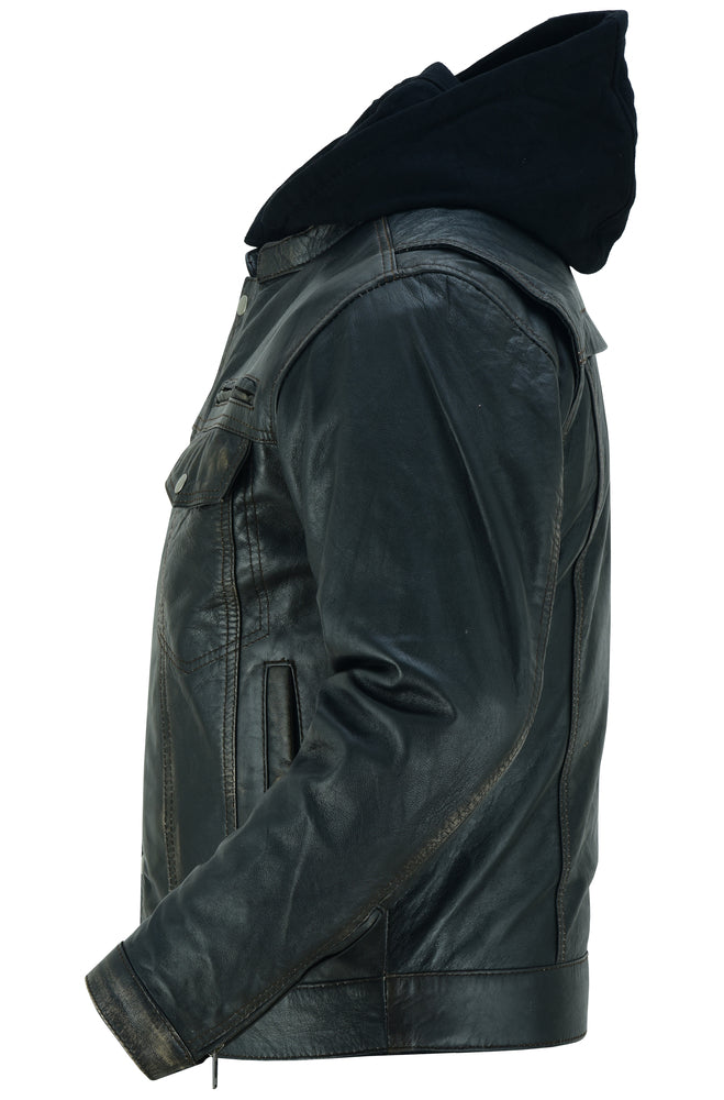 Men's Black Lightweight Drum Dyed Distressed Lambskin Jacket with Removable Hoodie