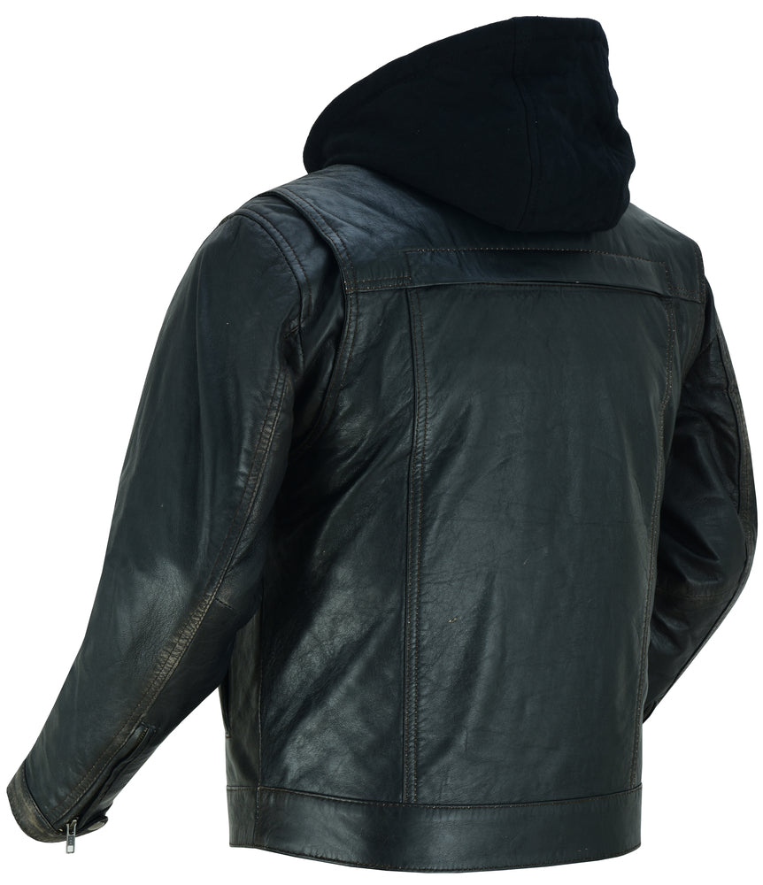 Men's Black Lightweight Drum Dyed Distressed Lambskin Jacket with Removable Hoodie