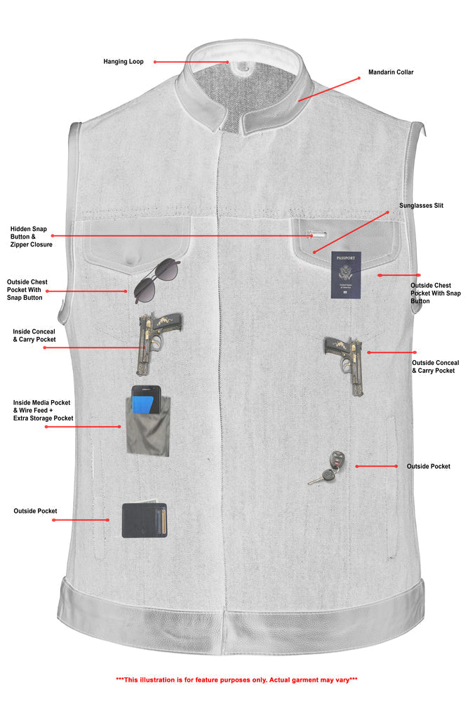 Women's Broken Blue Rough Rub-Off Raw Finish Denim Vest W/Leath