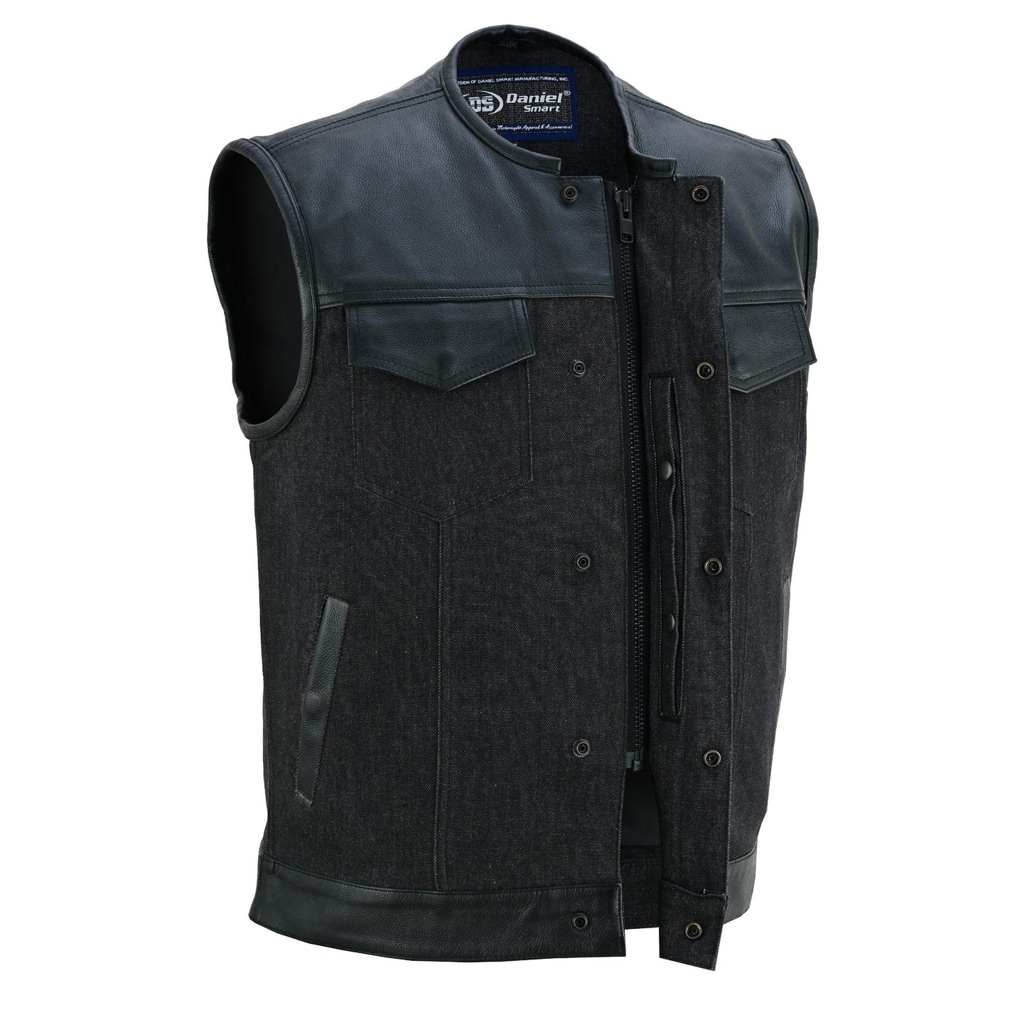 Men's Leather-Denim Combo Motorcycle  Vest - No Collar