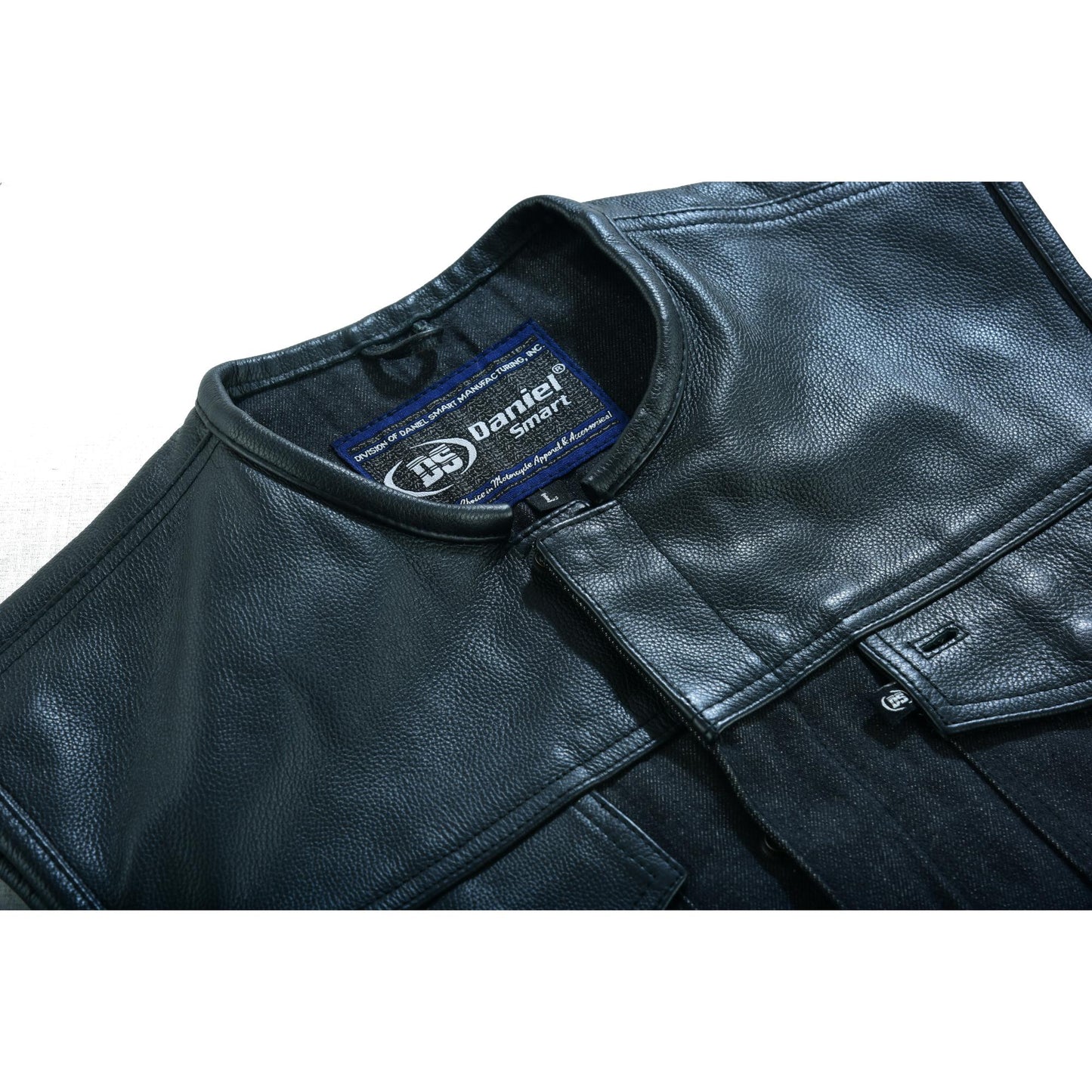 Men's Leather-Denim Combo Motorcycle  Vest - No Collar