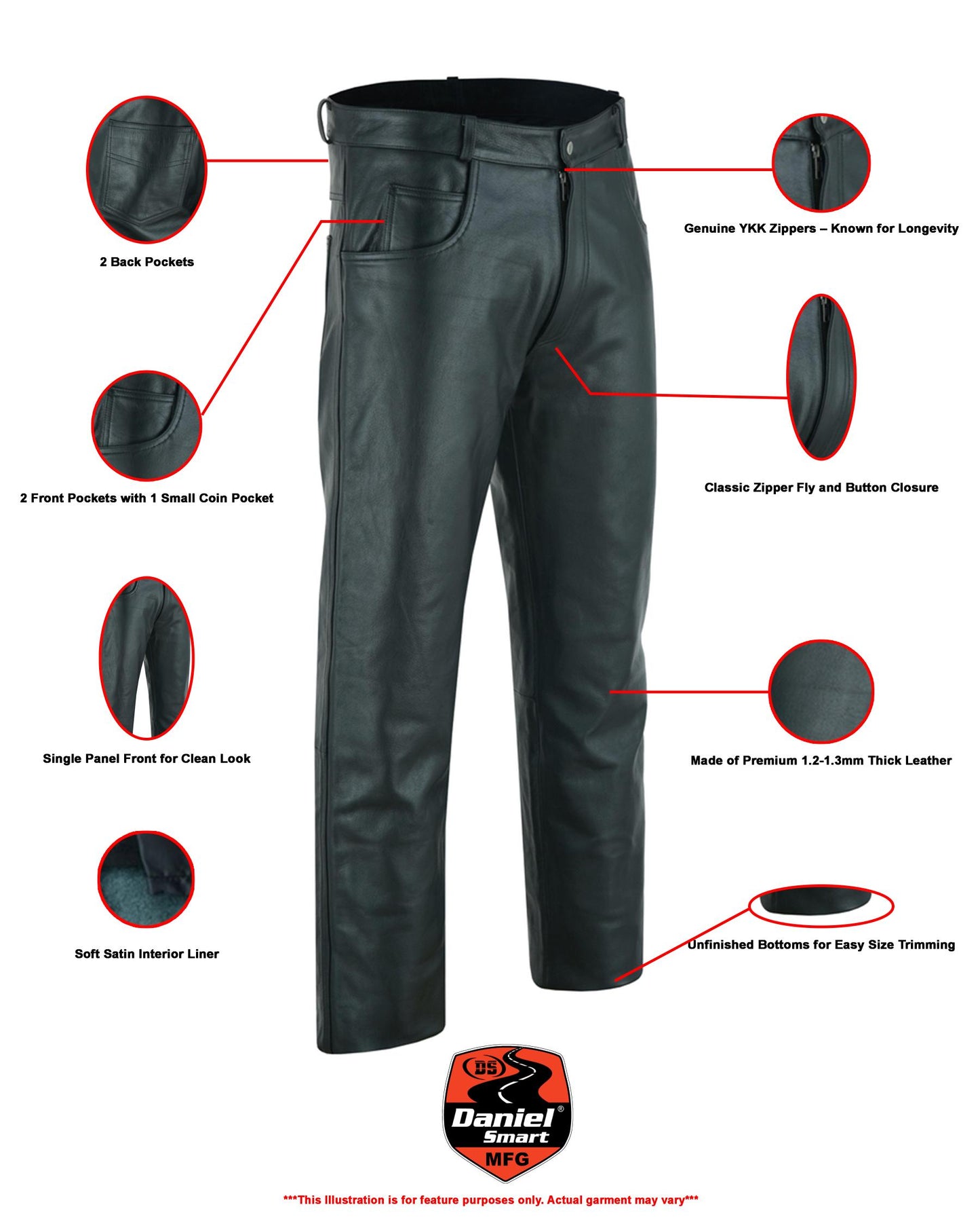 Men's Black Classic 5 Pocket Casual Motorcycle Leather Pants