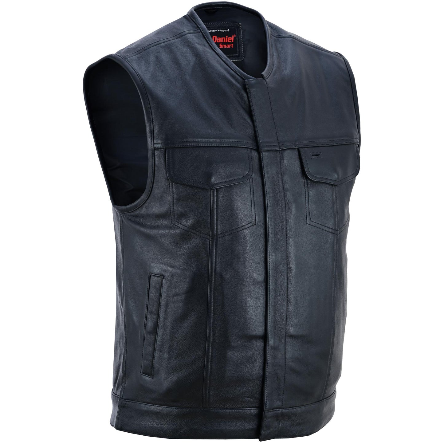 Men's Titan Black Leather Vest -  Milled Cowhide, Hidden Zipper