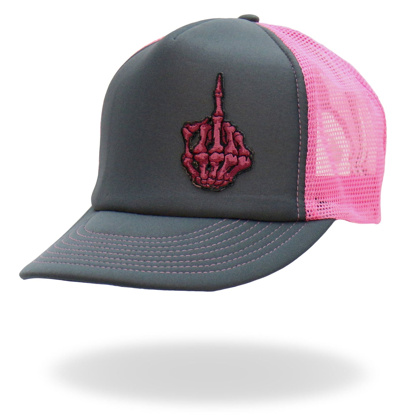Hot Leathers Pink And Black Trucker Hat Skeleton Finger GSH1053