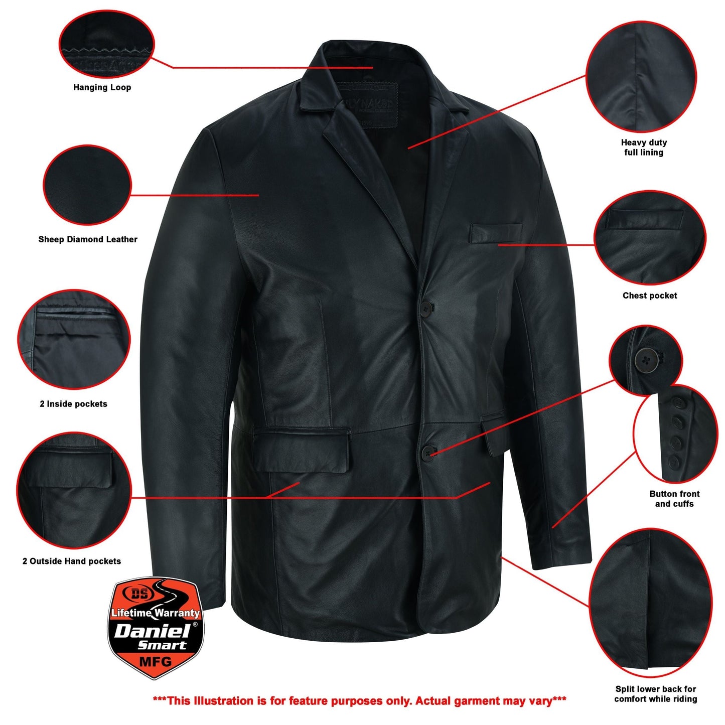 Retro Trim Men's Black Sheep Skin Leather Blazer