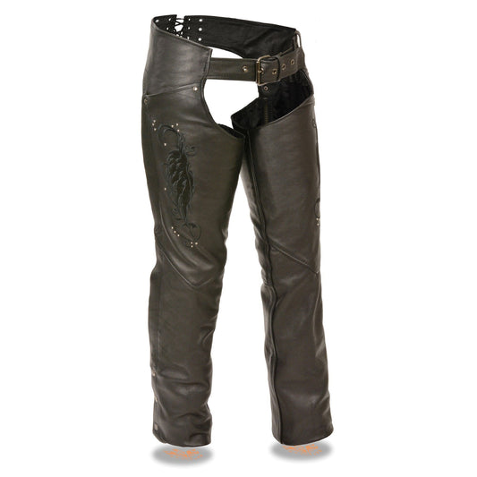 Milwaukee Leather Women's Classic Black Premium Leather Motorcycle Chaps w/ Black Wing Embroidery-ML1179