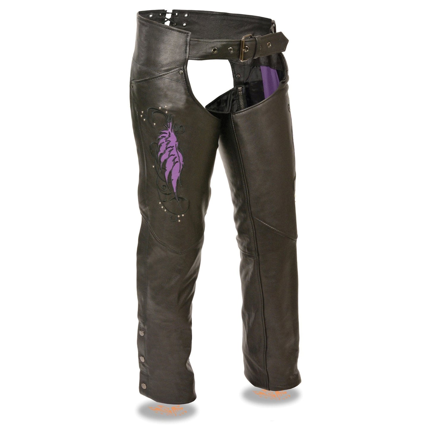 Milwaukee Leather Women's Classic Black Premium Leather Motorcycle Chaps w/ Purple Wing Embroidery-ML1179