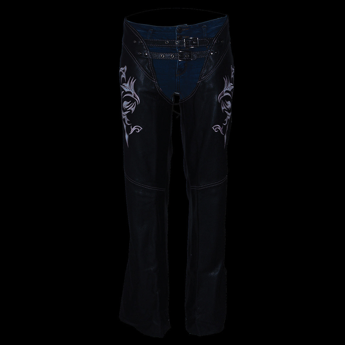 Milwaukee Leather Chaps for Women Black and Pink Low-Rise Waist- Double Buckle Reflective Embroidery Motorcycle Chap- ML1187