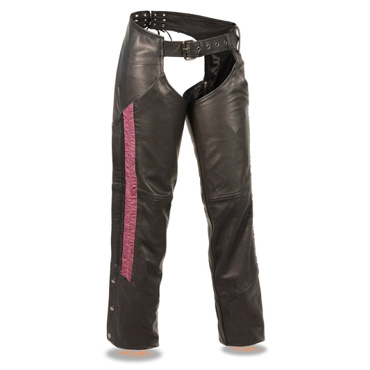 Milwaukee Leather Women's Black Premium Leather Motorcycle Rider Chaps w/ Purple Crinkled Stripes-Reflective Trim MLL6500