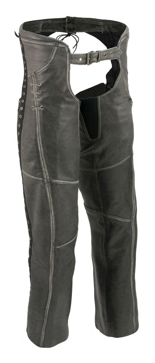 Milwaukee Leather Women Distress Grey Premium Leather Motorcycle Chaps w/ Accent Lace Details MLL6536