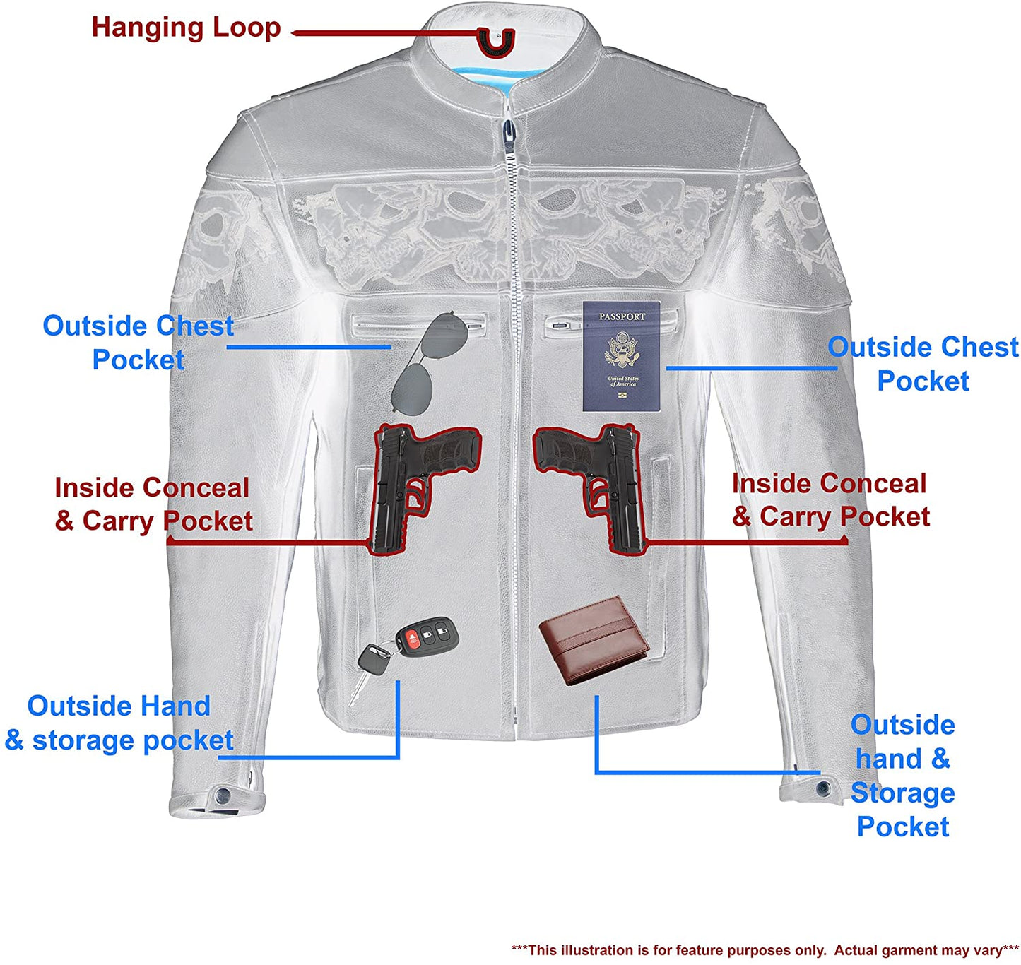 Milwaukee Leather MLM1501 Men's Reflective Skulls Premium Black Leather Motorcycle Jacket w/ Cool-Tec Treatement