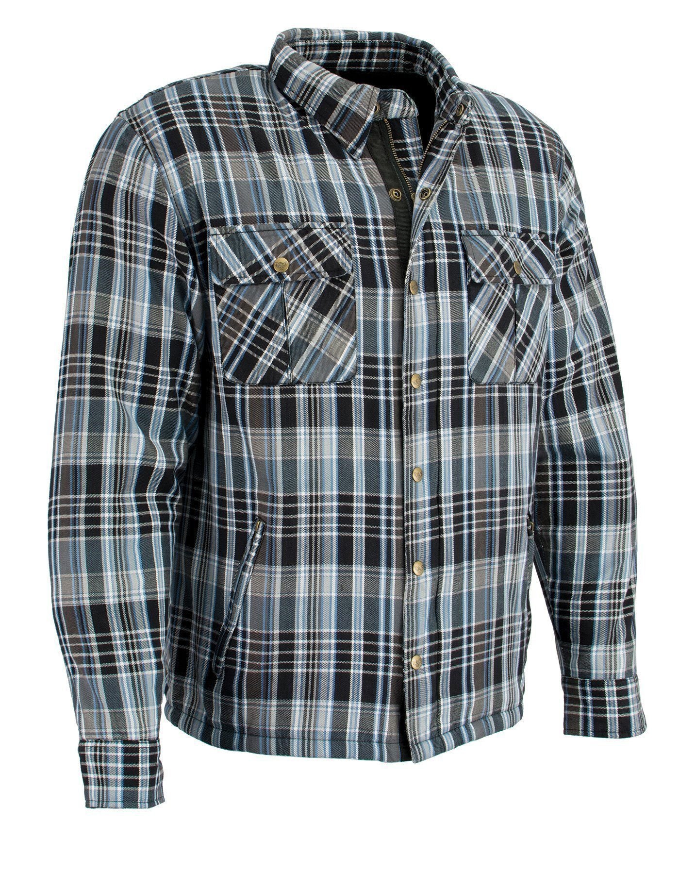 Milwaukee Leather MPM1636 Men's Long Sleeve Flannel Biker Shirt w/ CE Approved Armor - Reinforced w/ Aramid Fiber