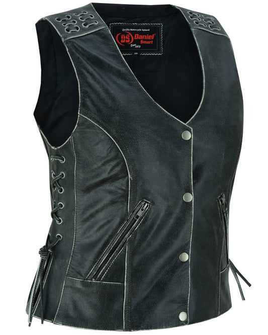 Women's Gray Vest with Grommet and Lacing Accents