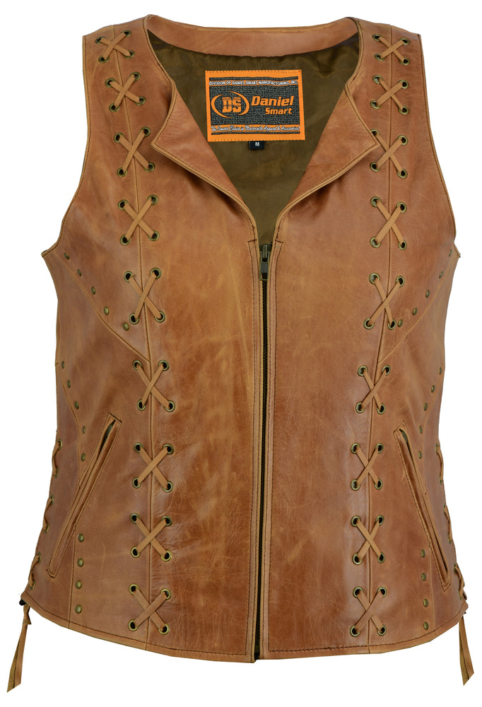 DS236 Women's Brown Zippered Vest with Lacing Details