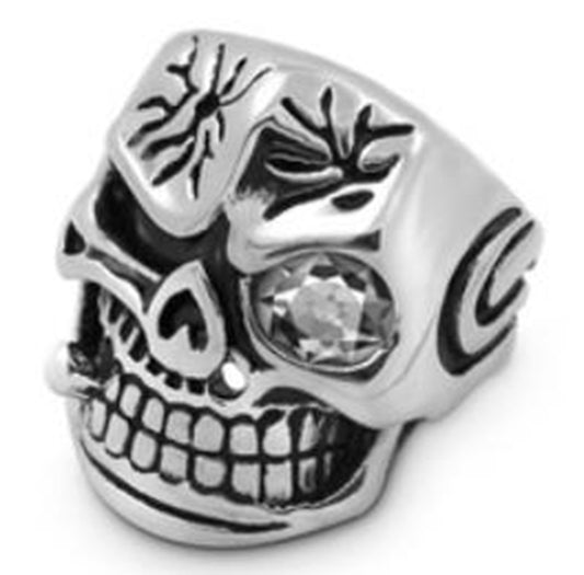 R117 Stainless Steel Smash Face Skull Biker Ring