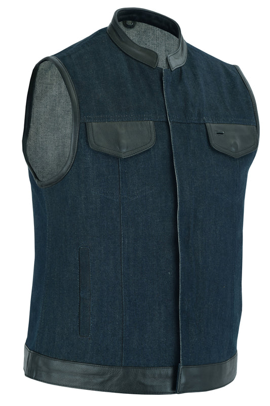 DM964 Women's Broken Blue Rough Rub-Off Raw Finish Denim Vest W/Leath