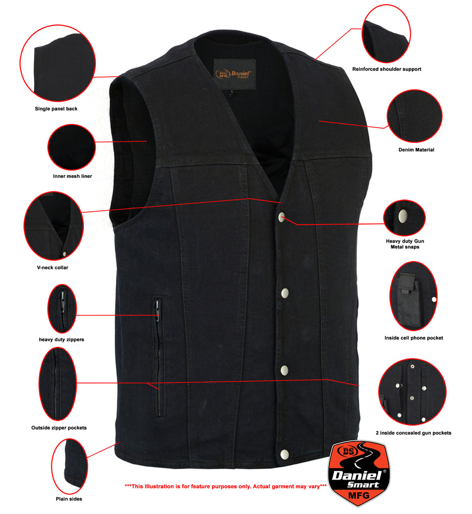 Men's Black Plain sides Denim Motorcycle Vest –  Heavy Snaps
