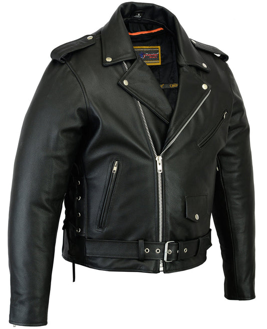 Men's Classic Side Lace Police Black Leather Motorcycle Jacket
