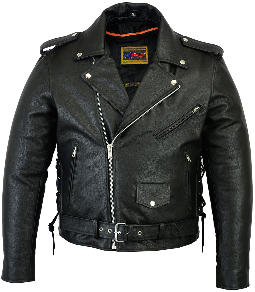 Men's Classic Side Lace Police Black Leather Motorcycle Jacket