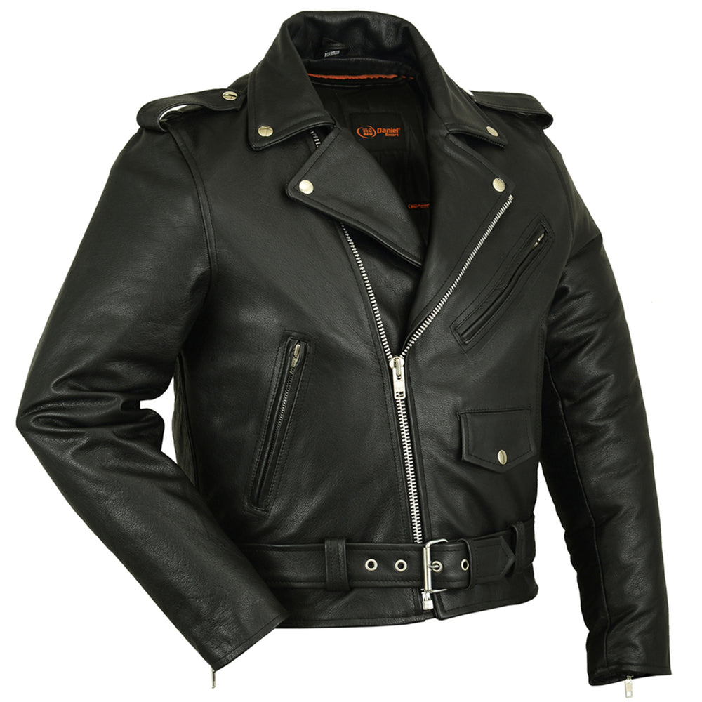 Men's Classic Plain Side Police Style Motorcycle Jacket - Black