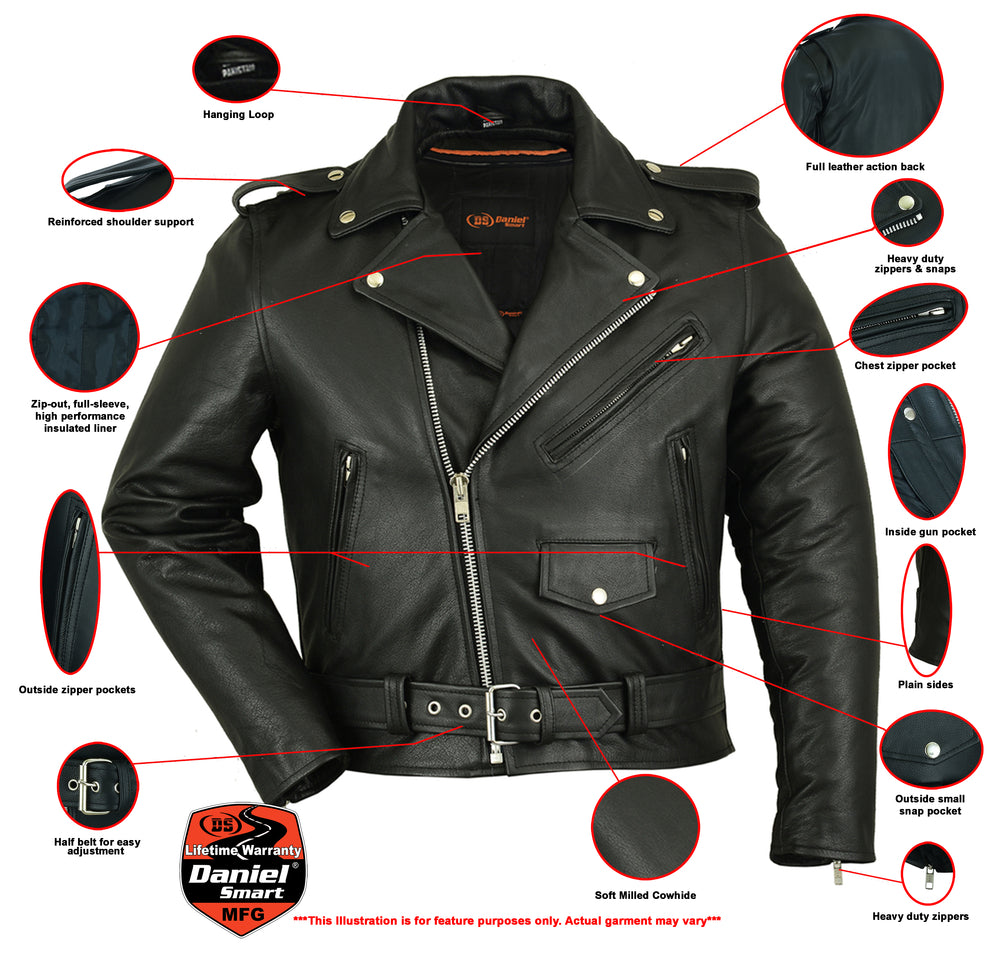 Men's Classic Plain Side Police Style Motorcycle Jacket - Black