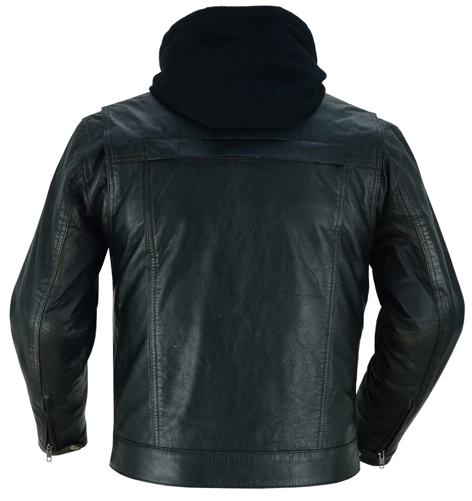 Men's Black Lightweight Drum Dyed  Distressed Lambskin Jacket with Removable Hoodie