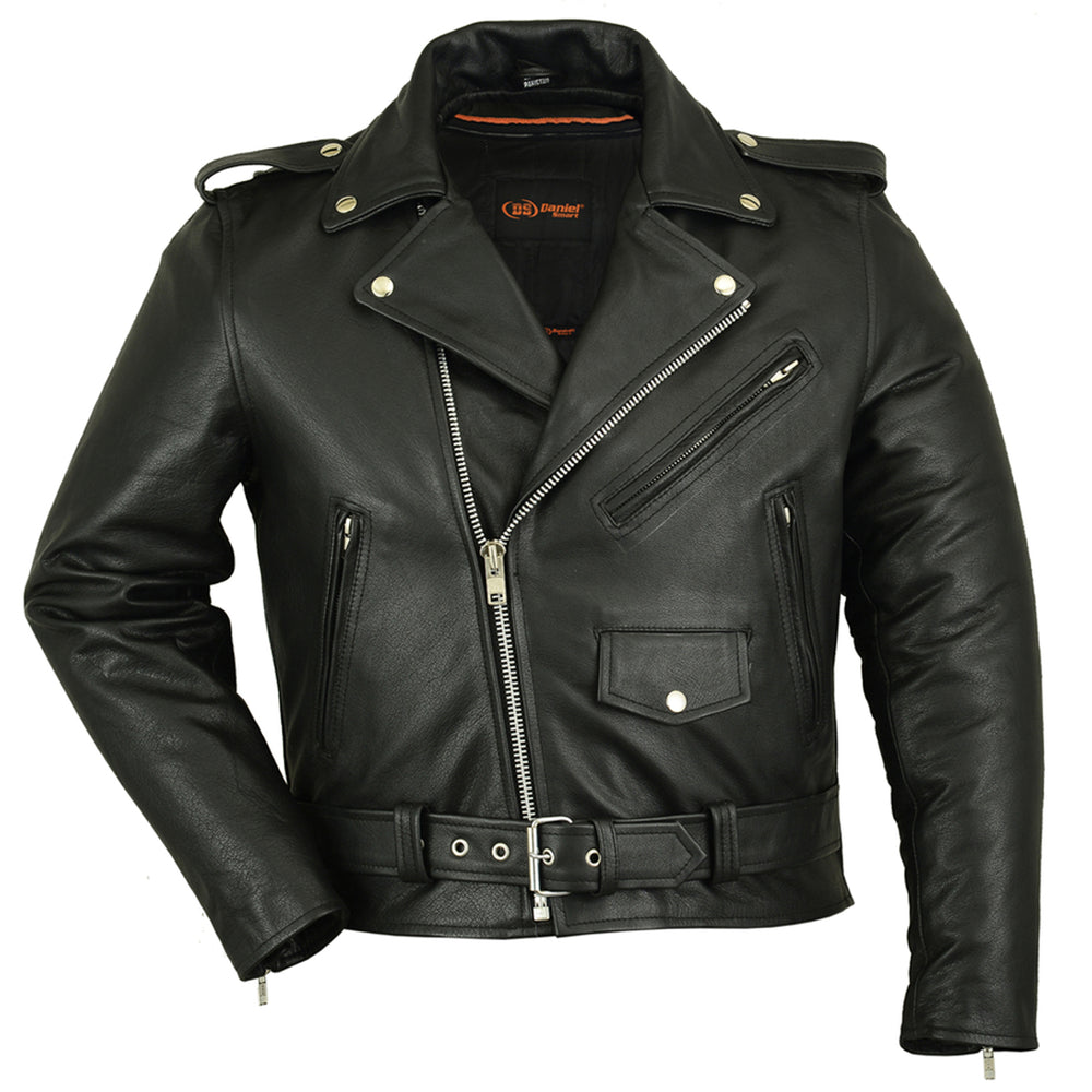Men's Classic Plain Side Police Style Motorcycle Jacket - Black