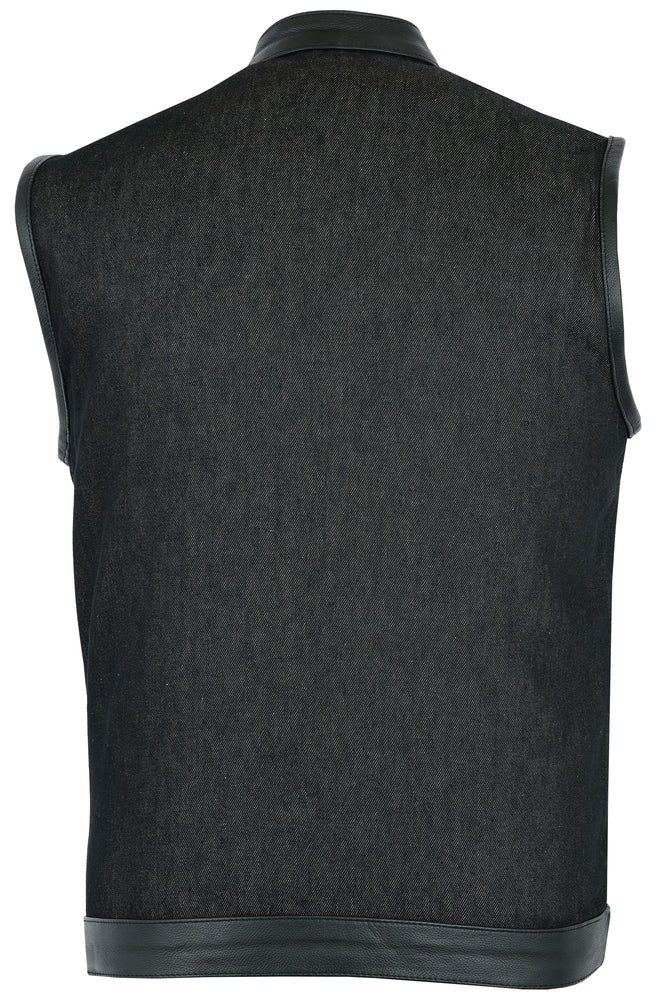 Men's Upgraded Rough Rub-Off Denim Motorcycle Vest w/Leather Trim