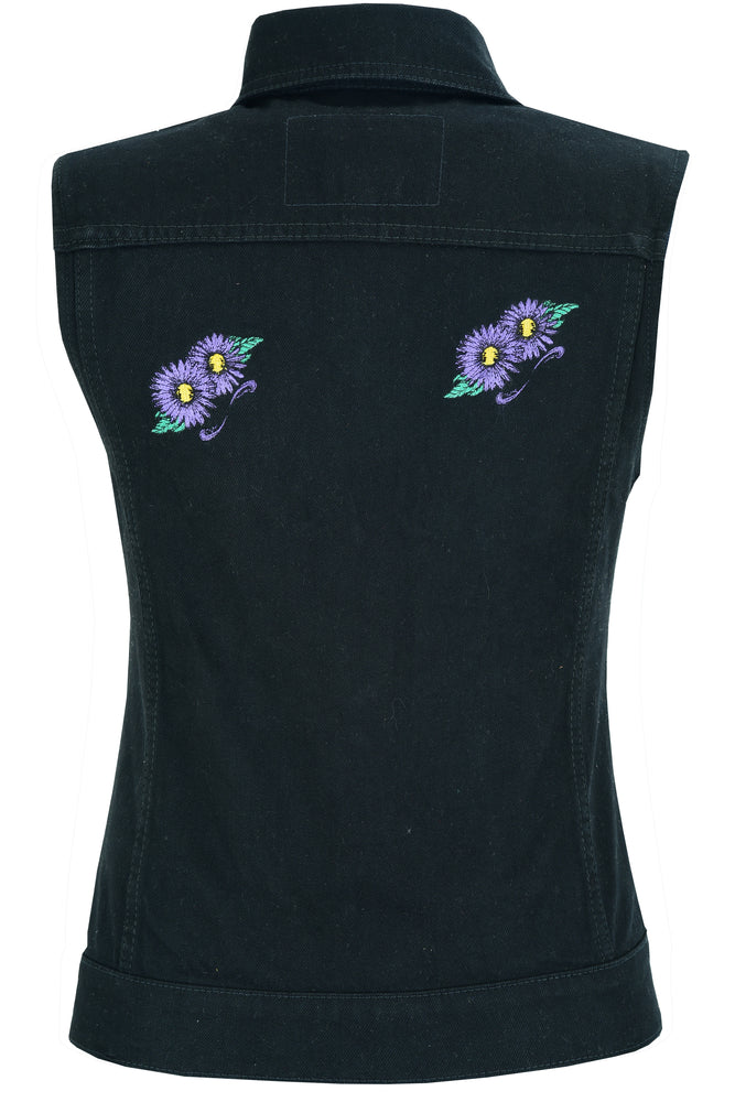 DM945 Women's Black Denim Snap Front Vest with Purple Daisy