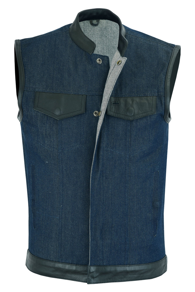 DM961 Men's Broken Blue RoughRub-Off Raw Finish Denim Vest W/Leather