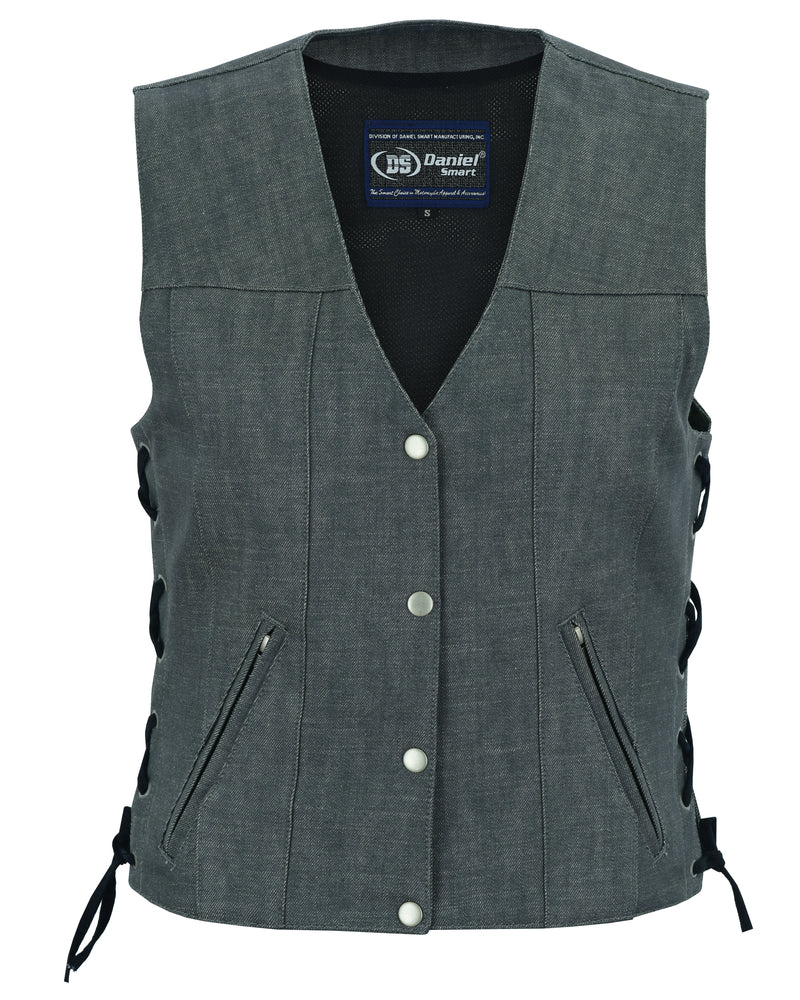 DM919 Women's Rough Rub-Off Raw Finish Broken Gray Denim Vest