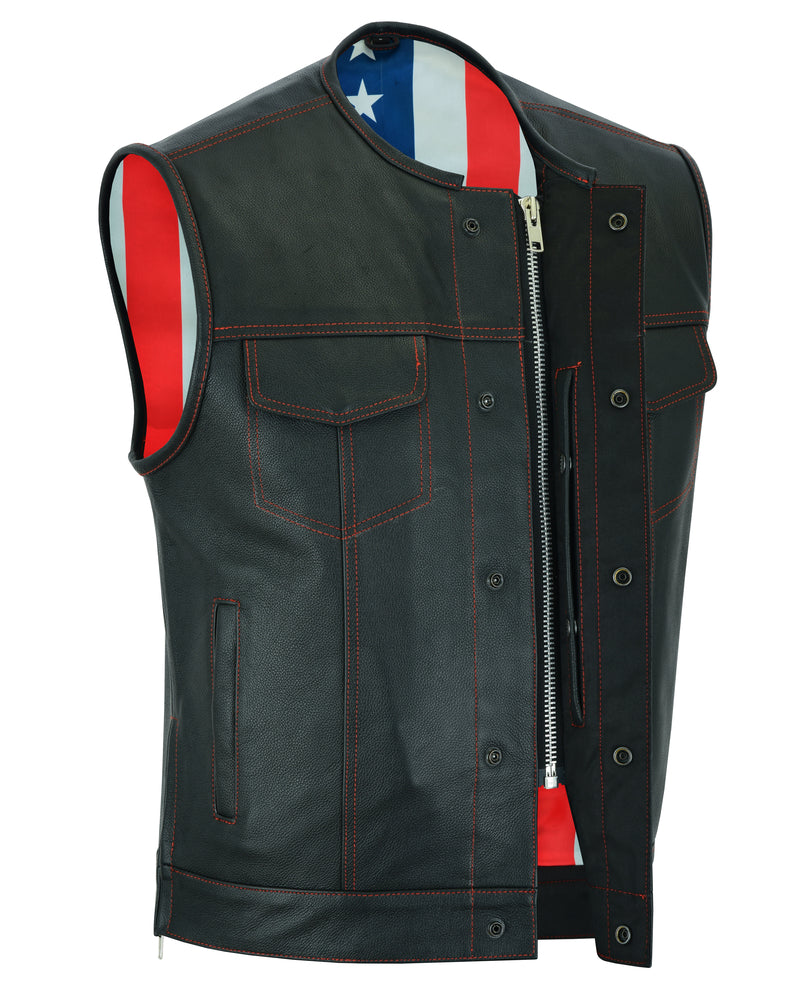 DS155 Men's Leather Vest with Red Stitching and USA Inside Flag Linin